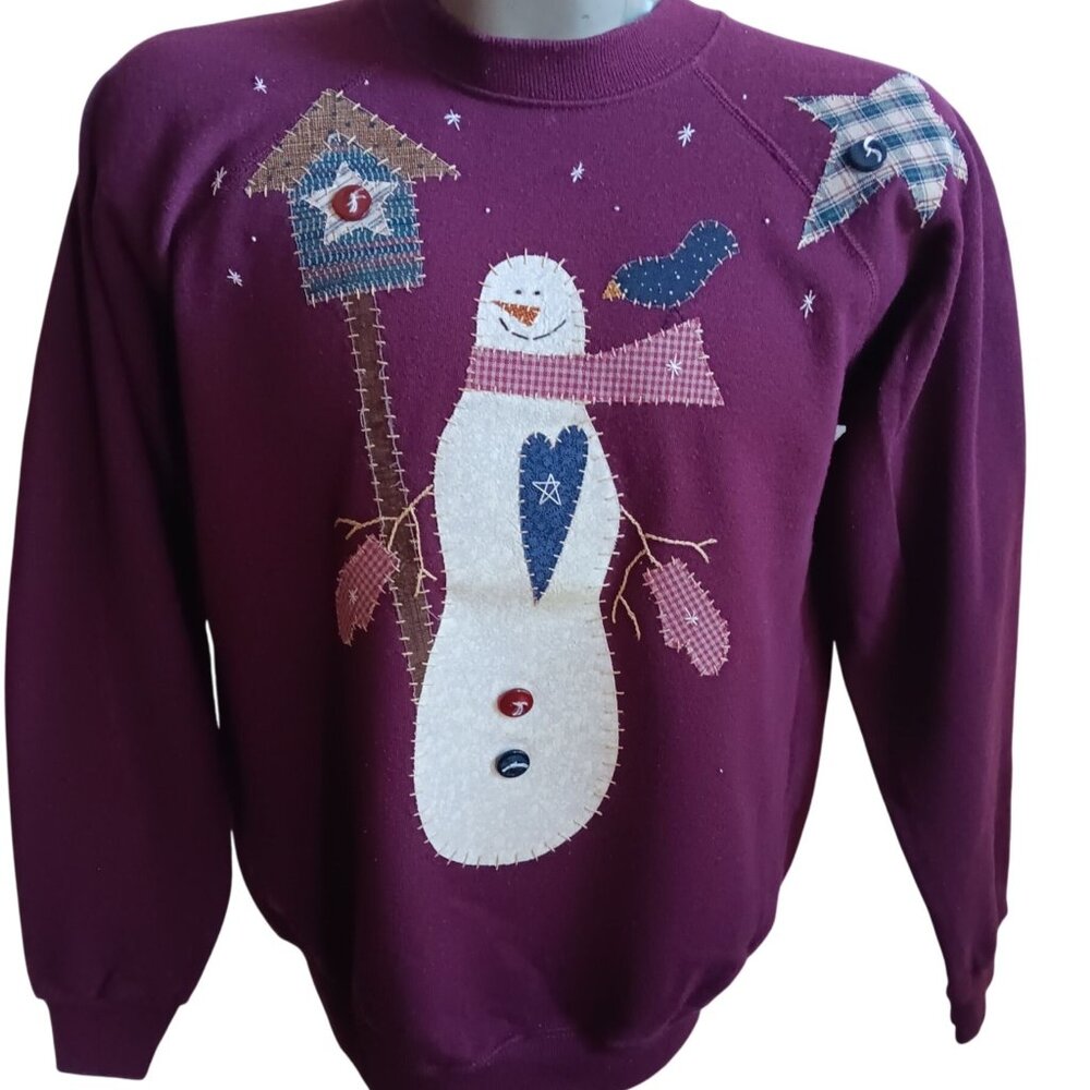 Vintage Womens Large Sweatshirt Snowman Appliqué Plaid Patches Cottage Hanes